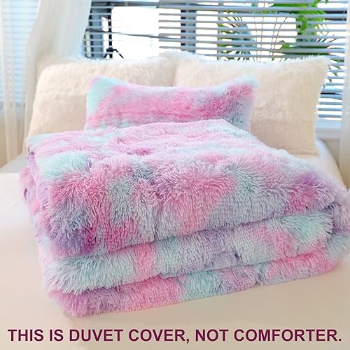 Miniatura 10 de SUCSES Juego de funda de edredón tamaño Queen esponjoso de color azul marino, juego de ropa de cama de 3 piezas de pelo sintético largo de felpa -