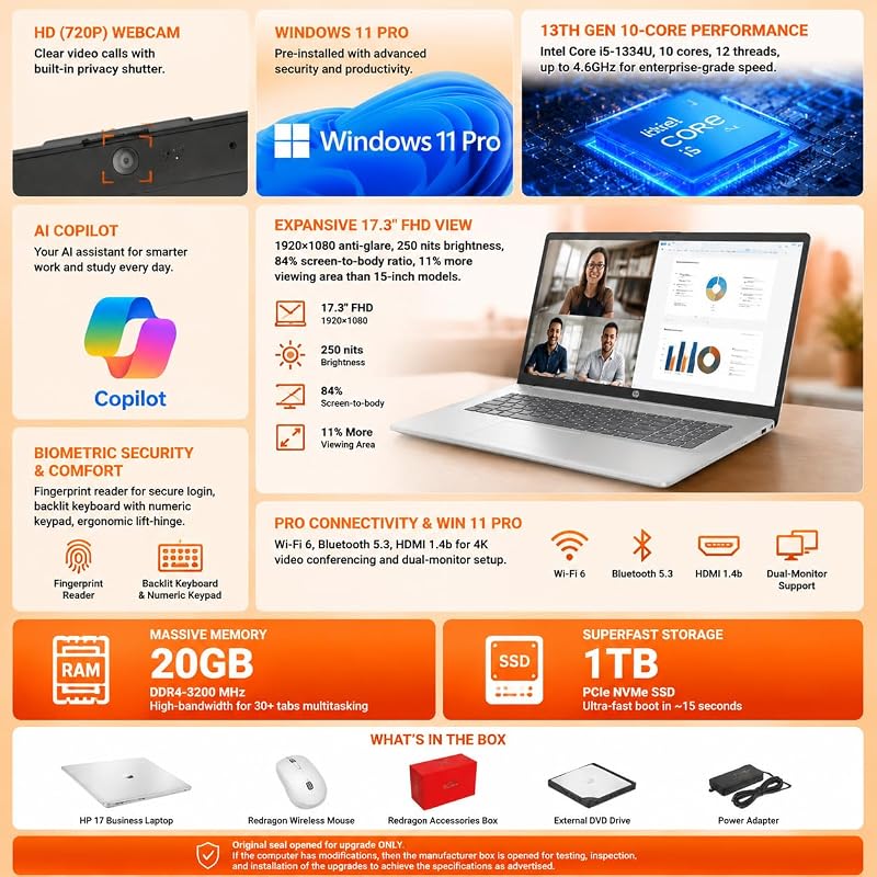 HP 17 inch Laptop for Business, Intel 10-Core i5-1334U, 20GB RAM, 1TB SSD, Backlit Keyboard, Fingerprint Reader, 17.3" FHD Anti-Glare Display, Wi-Fi 6, Windows 11 Pro, 17 Laptops for Work and Home image 2