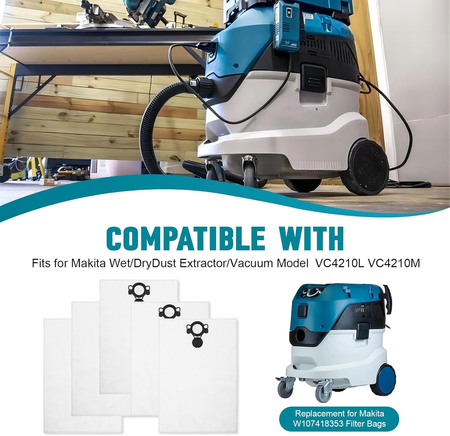 5 Pack Dust Vacuum Bags Fit for Makita W107418353 Vacuum Filter Bag Compatible With Makita VC4210L 11 Gallon Wet/Dry Hepa Filter Dust Extractor/Vacuum