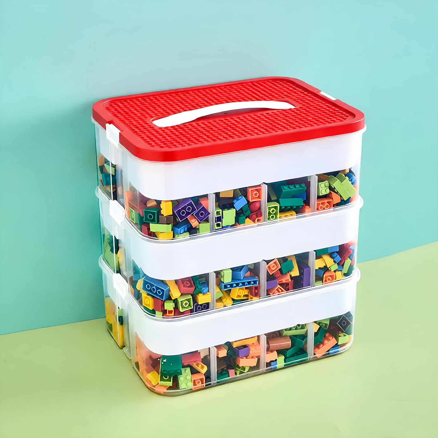 View 1 of **MISSING ONE TRAY** Joyingbaby Lego Toy Organizer Storage Case, 3 Layers, Red