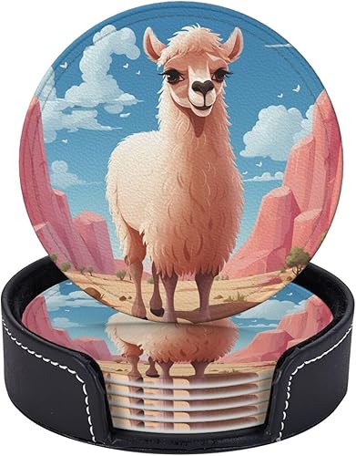 6 Pcs Camel Drink Coasters with Holder Leather Coaster Coffee Cup Pad Drinking Cup Mat Set Coffee Table Drinks Coasters for Modern Home Decor,4