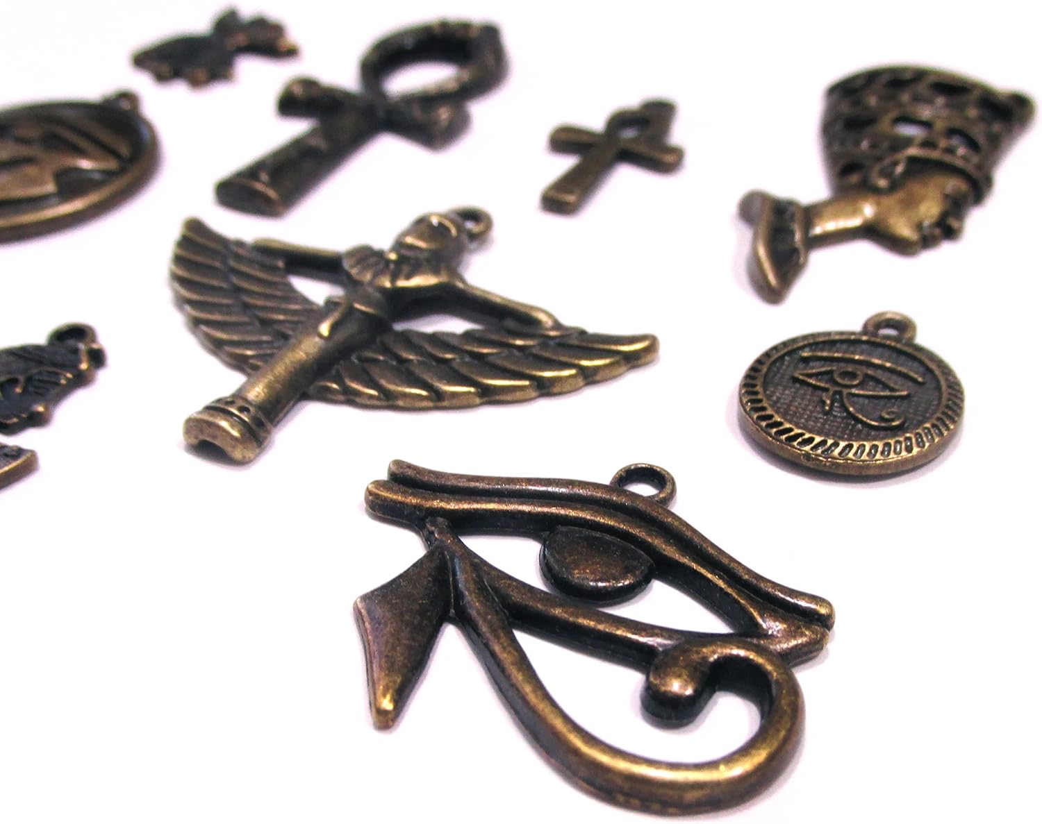 10pcs Antiqued Bronze Egyptian Charms – Ankh, Eye of Ra, Cleopatra, Isis, Anubis – Jewelry Making and Craft Supplies