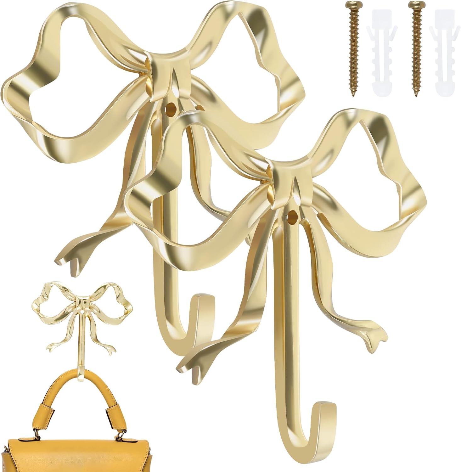 2PCS Gold Bow Wall Hooks, Decorative Knot Coat Hangers for Christmas, Door, Bathroom, Living Room, Kitchen Decor