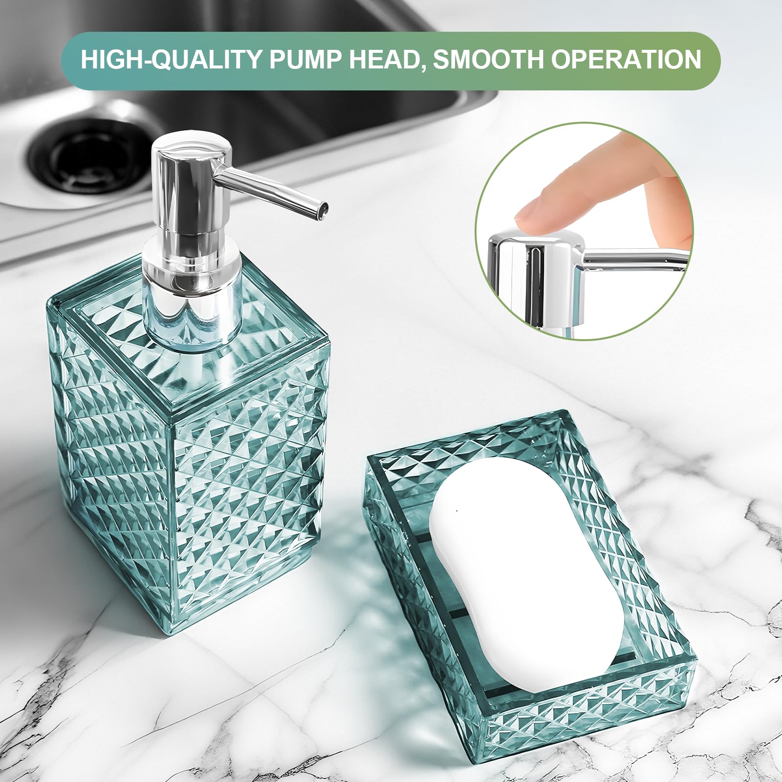 Juego de 4 accesorios de baño, juego de accesorios de plástico transparente azul, dispensador de jabón, soporte para cepillo de dientes, soporte Qtip y jabonera