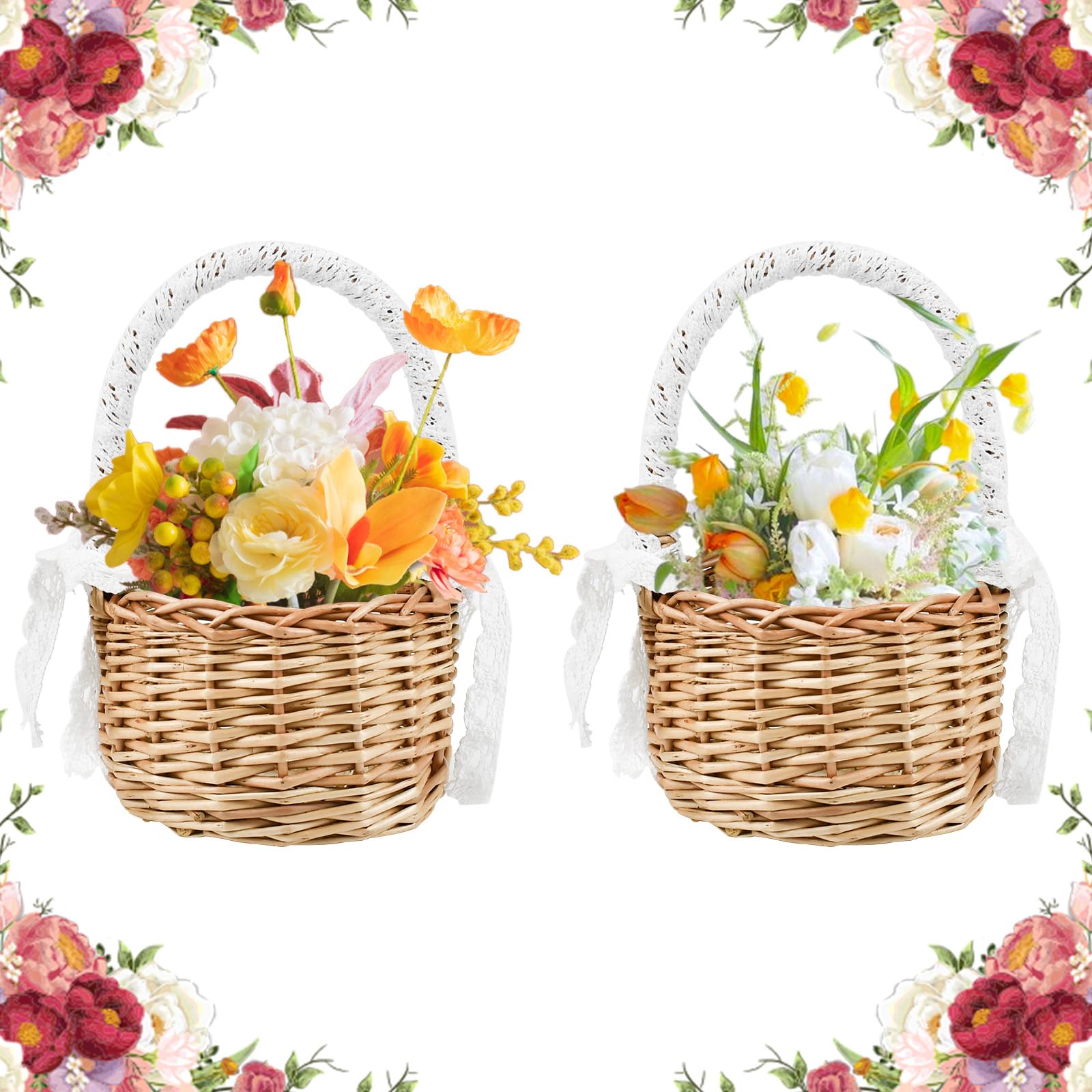 HEKOBAG 2 PZ Cestini in Vimini con Manico 20 cm Cestini di Fiori Matrimoni Cesto di Fiori Fatti a Mano Cesti Intrecciati con Nastro di Pizzo Cestini Rattan per Pane, Caramelle, Cioccolatini, Biscotti