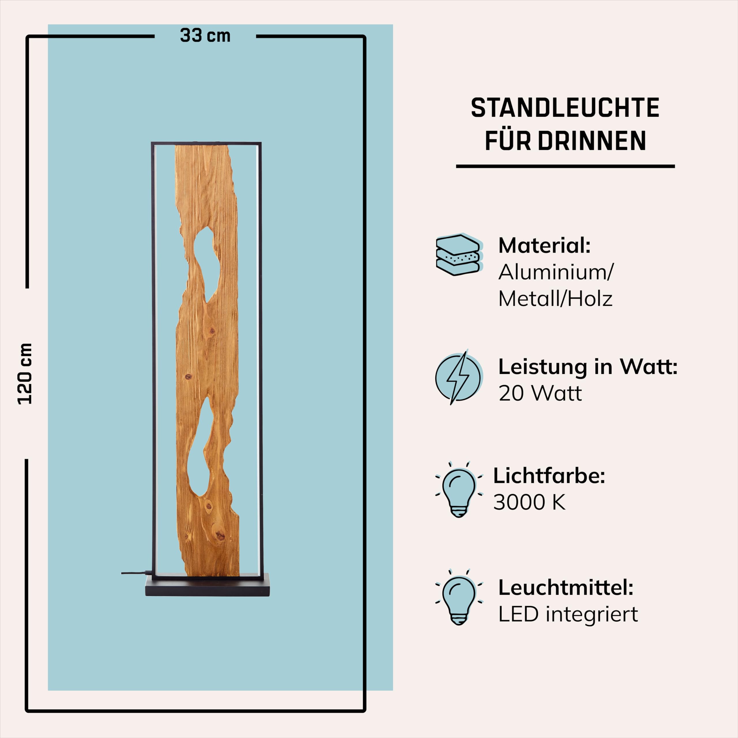 Lightbox LED Stehlampe schwarz - Stehleuchte Holz 120 cm mit Fußschalter - Standlampe Wohnzimmer warmweiß 3000K - 2300 lm inkl. LED