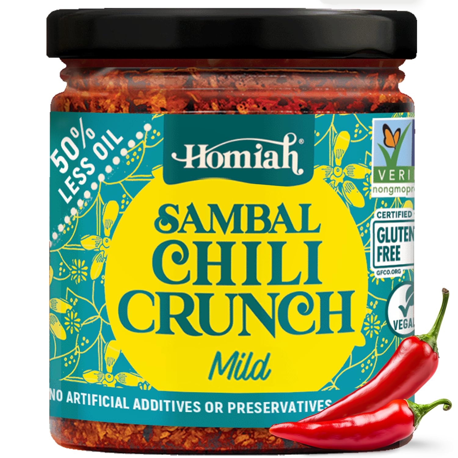 Homiah Sambal Chili Crunch, 6 Oz - Vegan Low Sodium Less Oil Gluten-Free Sambal Oelek, Non-GMO, Spicy Chili Crisp Topping with Seaweed - Mild