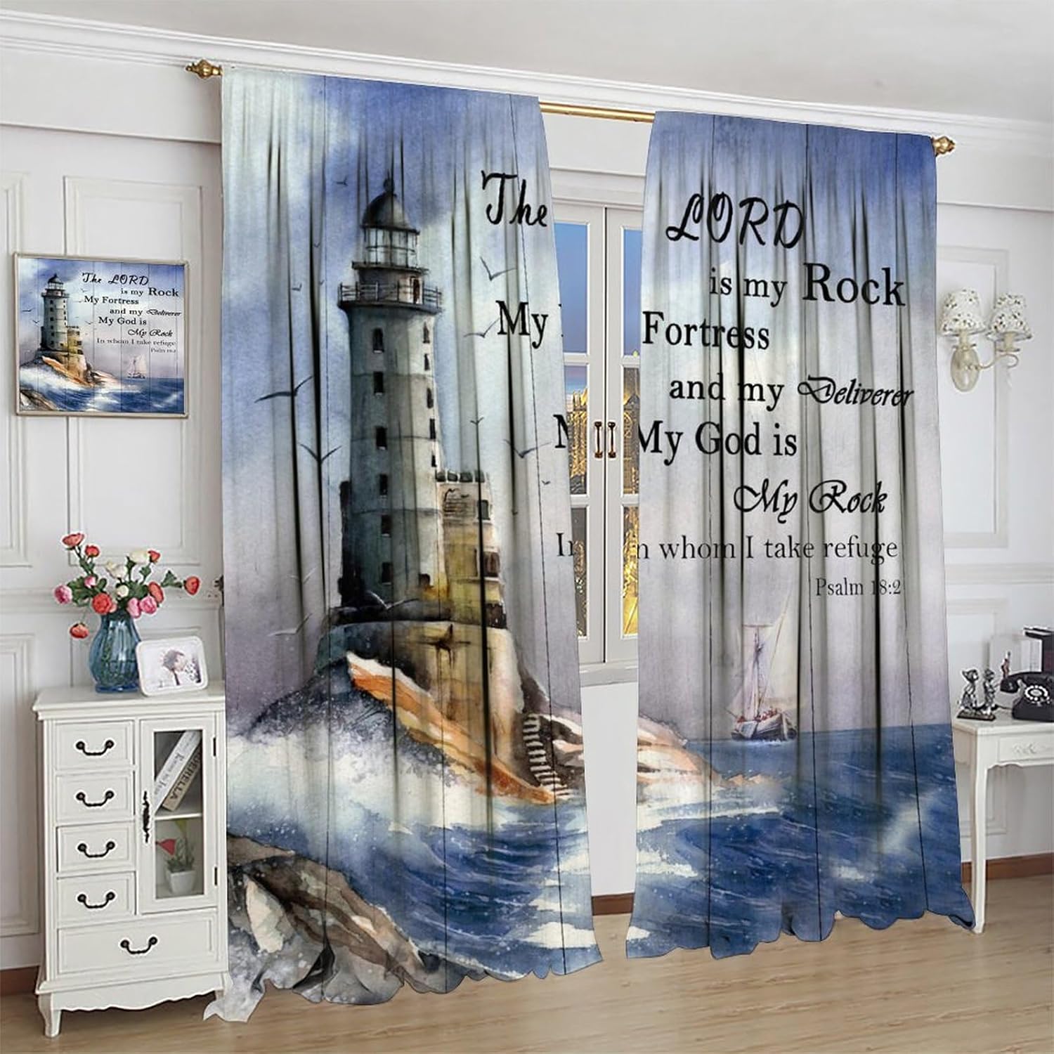 Lighthouse Blackout Curtains, Blue Watercolor Ocean Coastal Waves Nautical Decor Window Treatments, Bible Verse Rod Pocket Drapes for Bathroom Living Room, 42x54in