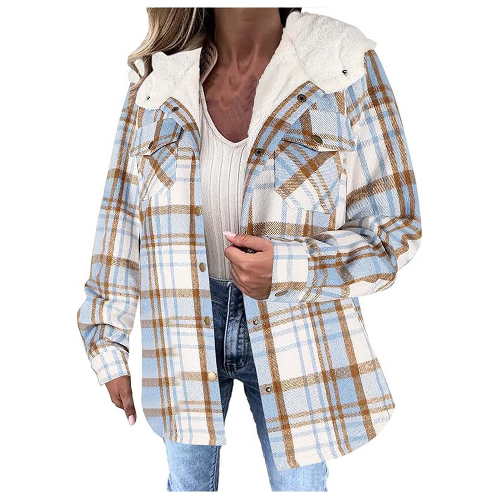 Genérico Chaqueta Polar Mujer,Chaqueta Corta A Cuadros para Mujer De Manga Larga con Botones Forro Polar Y Capucha para Mayor Calidez