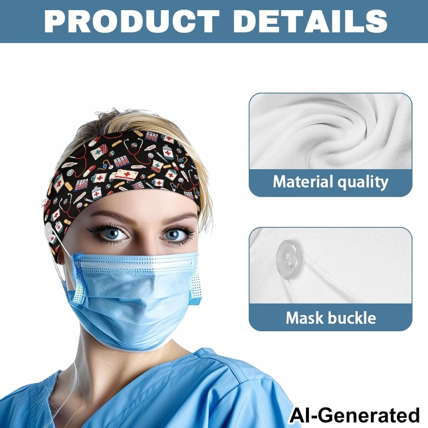 Doctor Nurse Accessories Headbands Hats Caps for Women Men Elastic Mask Holders to Protect Ears Vivid Style Print Hairbands Non Slip Turban Sweatband Headwrap for Working image 5