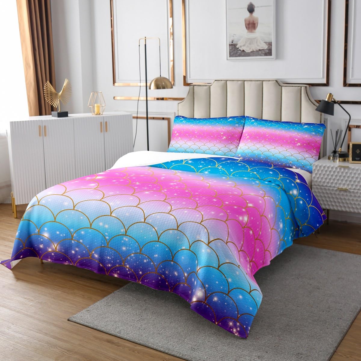 3 Piece Girly Mermaid Scale Quilt Bedding Set Women Aldult Lightweight Bedding Colorful Rainbow Bedspread Set Gradient Glitter Bedspread Coverlet Soft Microfiber Home Quilt Set for King Bed All Season