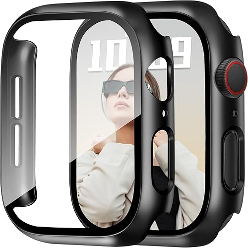 JR.DM Paquete de 2 fundas rígidas de policarbonato de 1.575 pulgadas con protector de pantalla de vidrio templado HD para Apple Watch Series negro