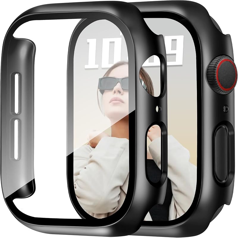 JR.DM 40mm 2 Pack Screen Protector Case Cover for Apple Watch, Black | 2 Pack hard PC covers with HD glass guard Apple Watch 40mm Series 6/5/4/SE; Matte Black keeps touch clear.