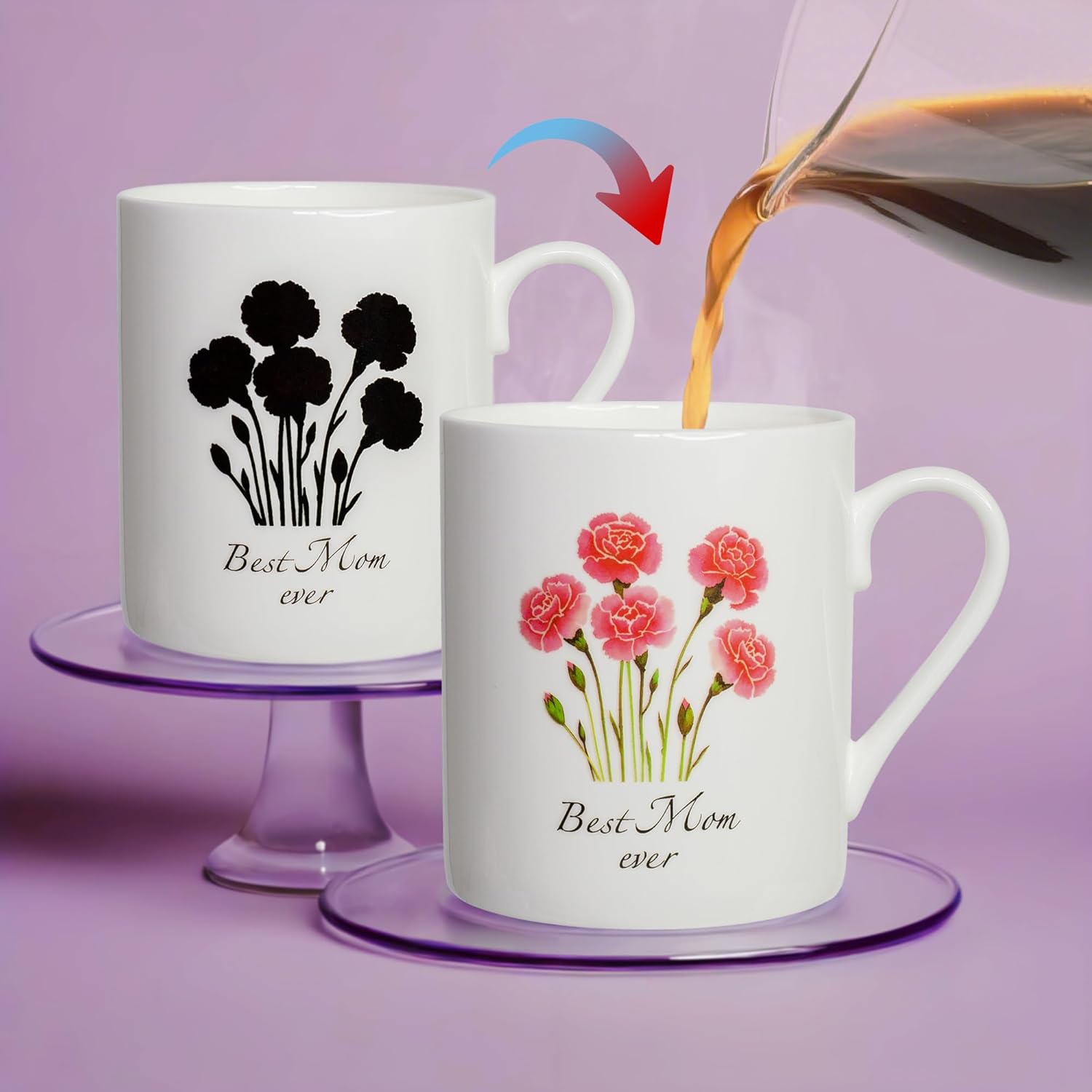 Mother's Day Coffee Mug Gift Set for Mom, 12oz Carnation Heat Color Changing Cup