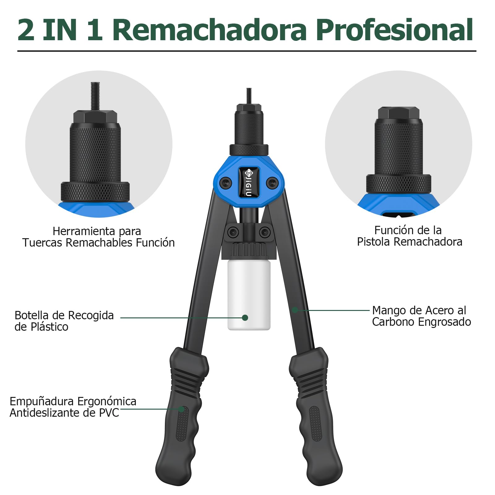 JiGiU Remachadora de Tuerca y Pistola de Remachador 2 en 1, Juego de Alicates para Remachar con M3 M4 M5 M6 M8 M10 M12 y 5 Cabezas Remachables 3.2 4.0 4.8 6.0 6.4mm con 110 Tuercas y 50 Remaches-Azul