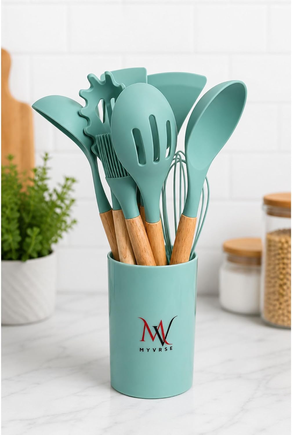 Silicone Kitchen Utensil Set 11-Piece with Wooden Handles & Holder, Heat Resistant Cooking Tools for Nonstick Cookware, Teal (Mint Green)