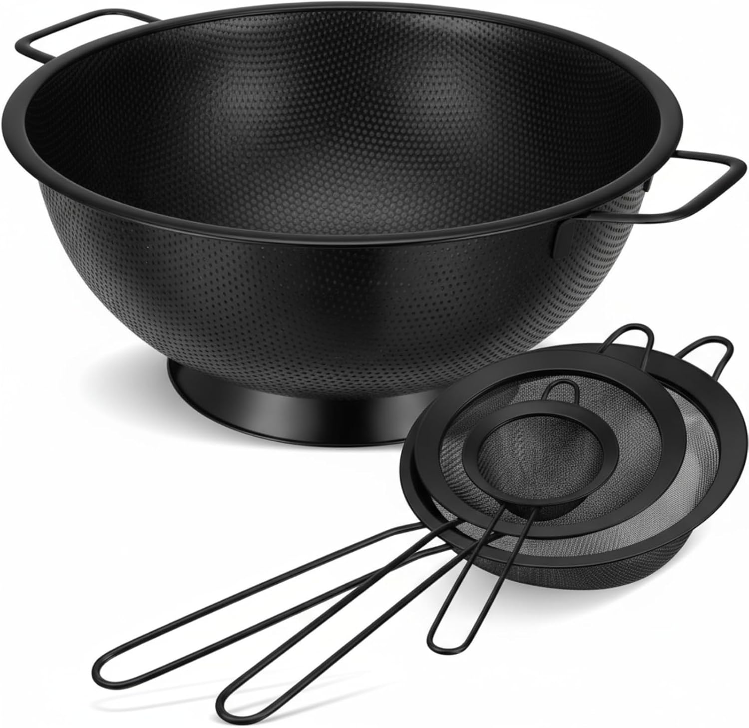 Norme 4 Quart Stainless Steel Black Colander and 3 Pcs Black Fine Mesh Strainer, Stainless Steel Pasta Rice Food Metal Strainer with Handles, Easy Clean and Dishwasher Safe Norme 4 Quart Stainless Steel Black Colander and 3 Pcs Black Fine Mesh Strainer, Stainless Steel Pasta Rice Food Metal Strainer with Handles, Easy Clean and Dishwasher Safe