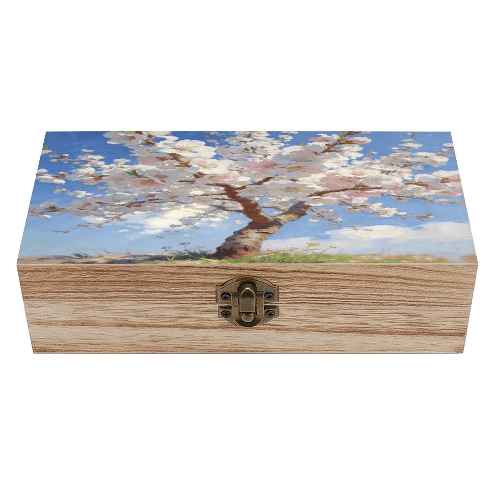 LZQPOEAS Blossoming Almond Tree Wooden Keepsake Box Wooden Storage Box Container with Hinged Lid Beautiful Wood Memory Box Decorative Jewelry Case for Crafts Art Hobbies & Trinket Storage