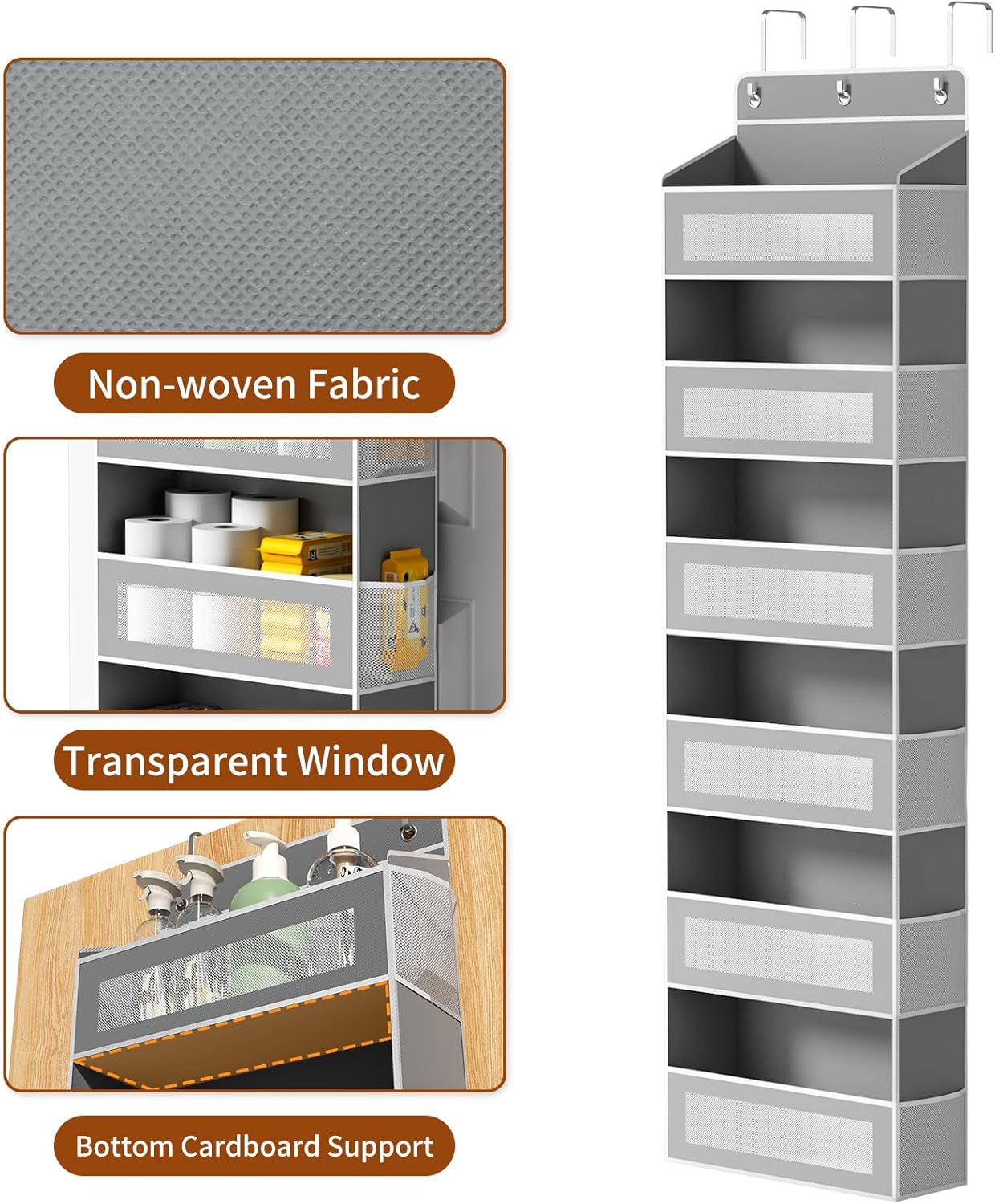 Over The Door Organizer with 6 Large Pockets, Over the Door Storage 12 Side Pockets, Hanging Door Organzier 44 lb Load Behind Door Storage Hanging Shelf for Closet Wall Bathroom Nursery, 6-Tier Grey