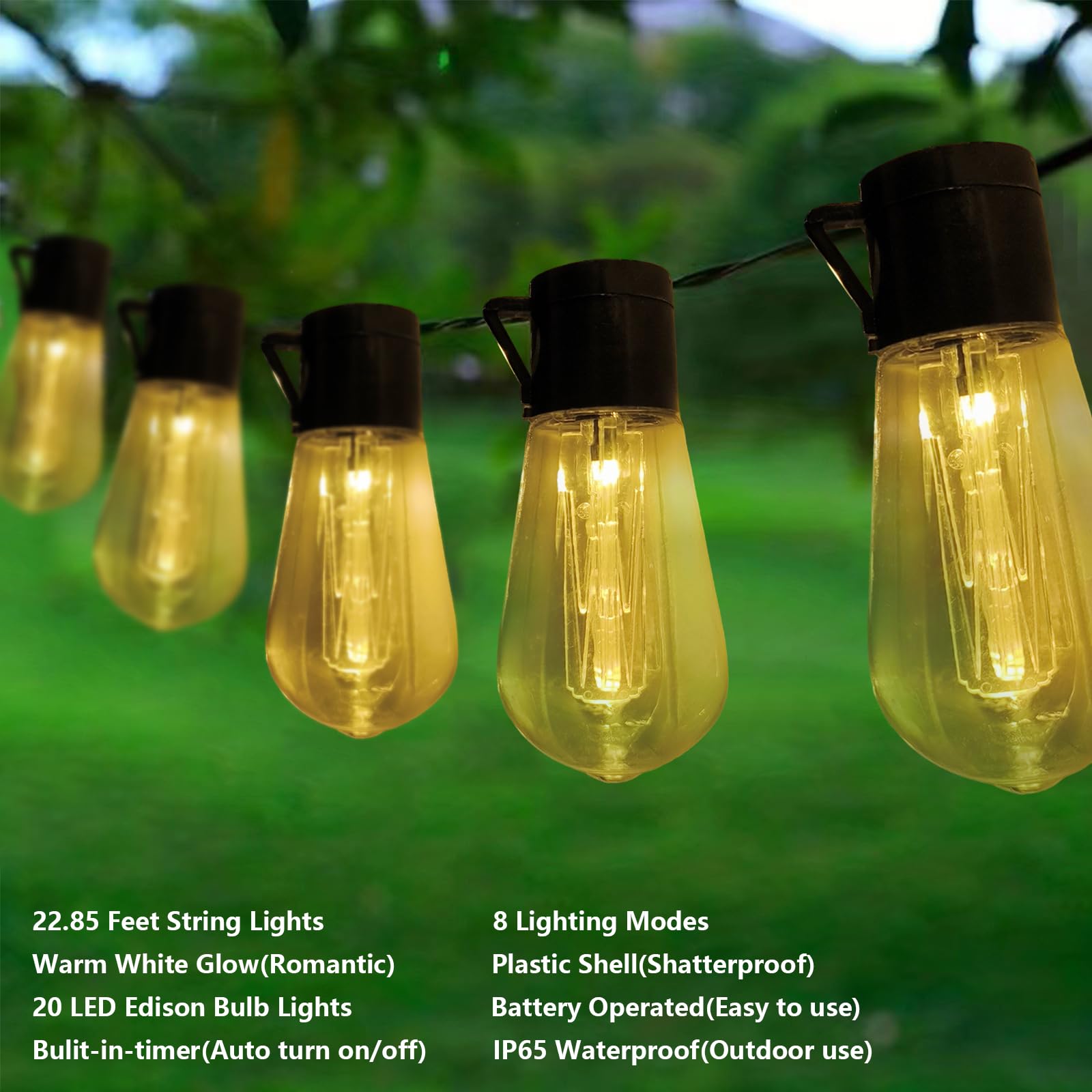 Batteriebetriebene Außenlichter, 20 LEDs, Edison-Glühbirnen, Lichterkette mit 8 Modi und Timer, USB-Stecker-Lichterkette für Innen- und Außenbereich, Schlafzimmer, Balkon, Terrasse, Camping