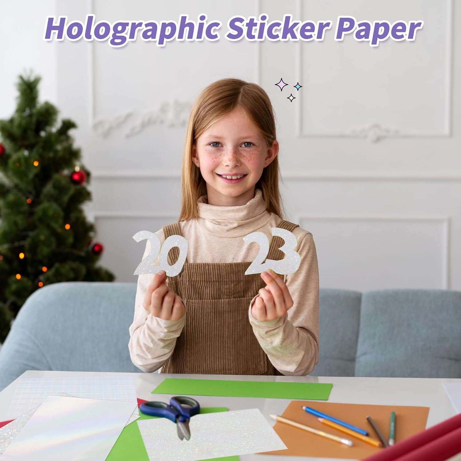 36 Sheets Holographic Sticker Paper,Holographic Laminate Sheets,A4 Size Clear Vinyl Sticker Sheets Self-Adhesive Rainbow Overlay Sheets,11.7 x 8.3 Inches（Star）