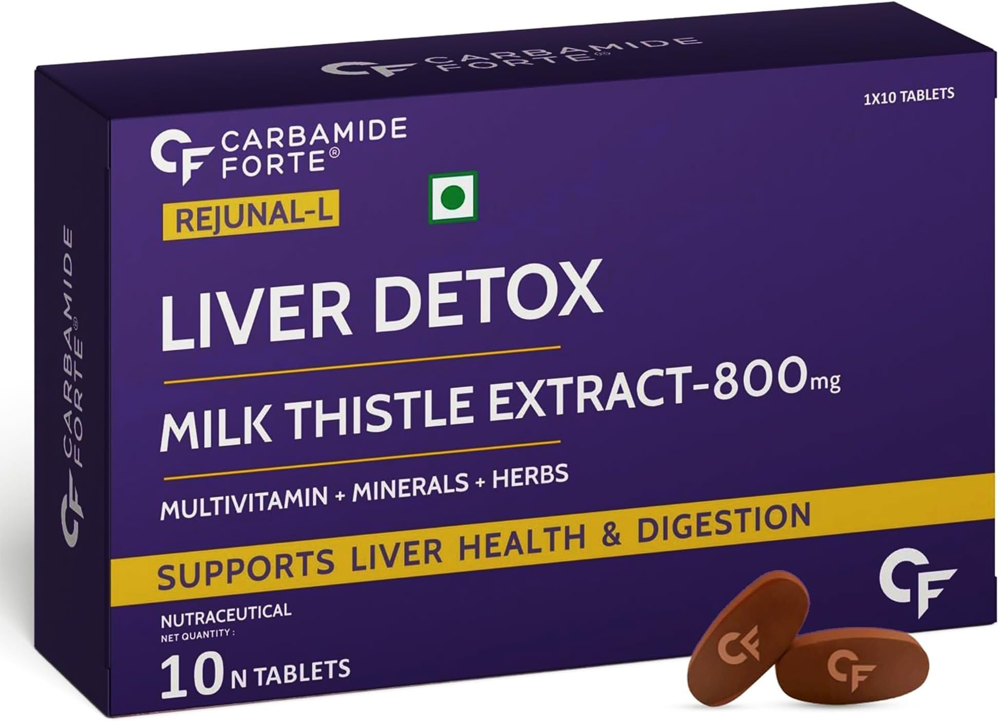 Carbamide Forte Liver Support Supplement with Milk Thistle Extract 800mg (30:1), Multivitamins & Amino Acid | Liver Detox Supplement 10 Veg Tablets, 20 Grams