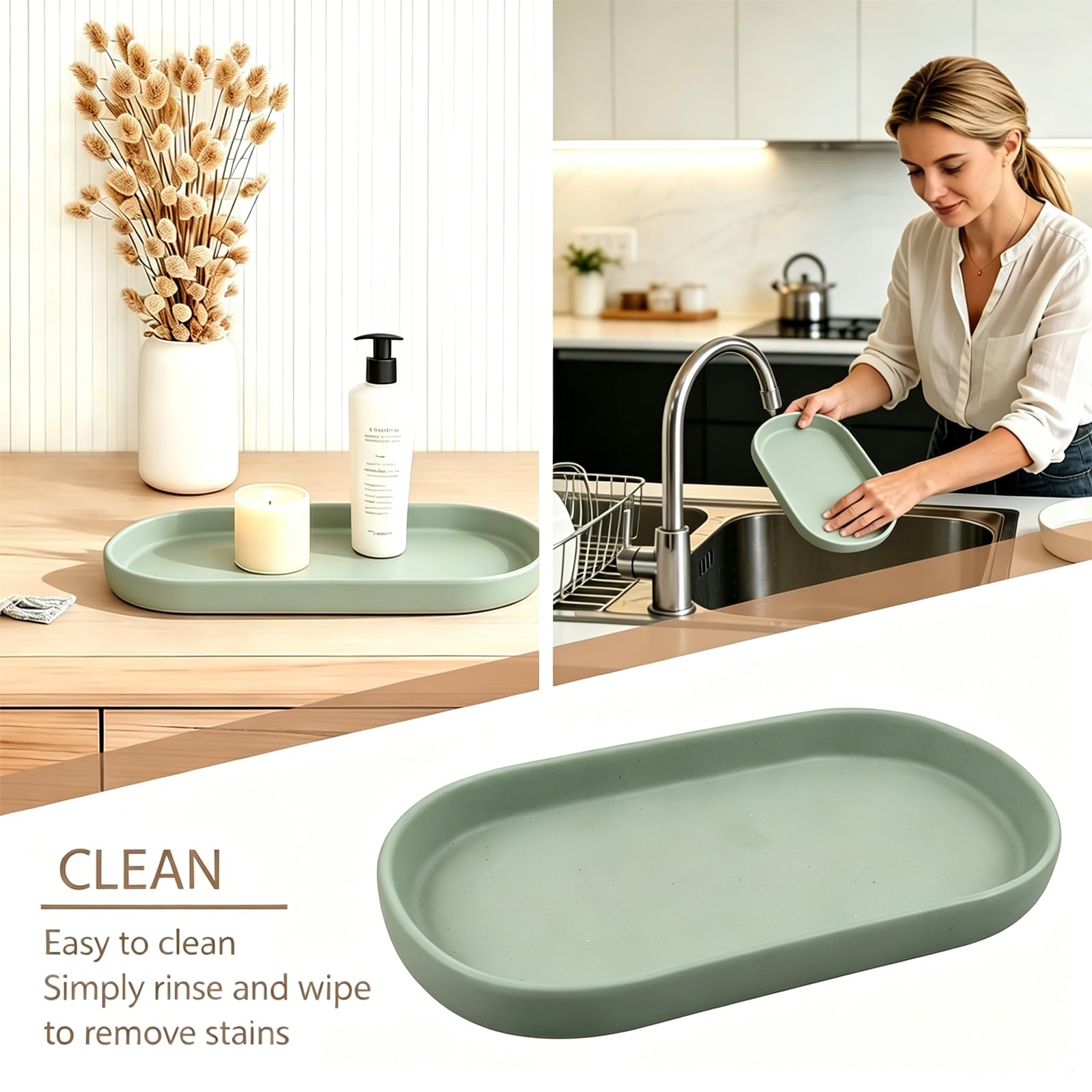 2 vassoi decorativi in ceramica, per bagno, cucina, sala da pranzo (verde)