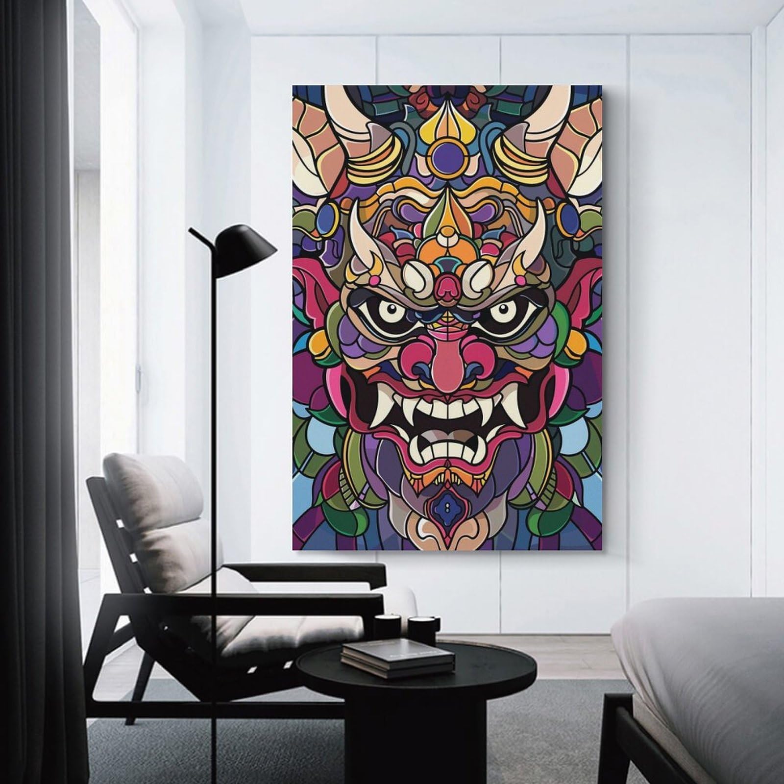 Junmoney Wall Decor Canvas Print Colorful Oni Mask Illustration, 20x30inch(50x75cm), for Study, Office Or Focused Interiors, Wall Art That Adds Style to Work Areas