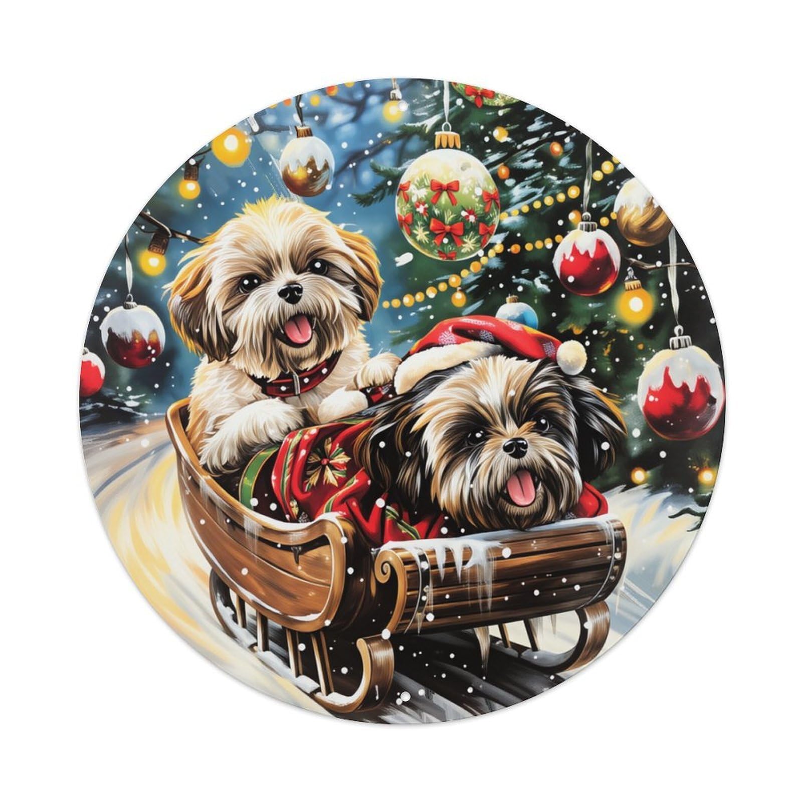 Christmas Dogs Sleigh Holiday Lights Round Tin Sign Retro Metal Sign for Cafe Bar Pub Home Game Room Gym Club Wall Decoration Vintage Metal Poster 8x8 Inch
