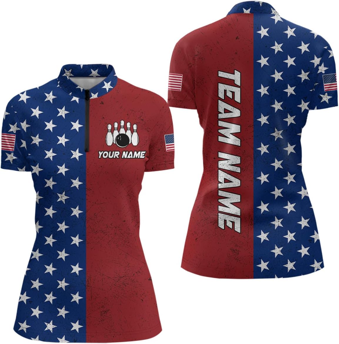 Patriotic Bowling Shirt Blue Red Custom American Flag Bowling Shirts for Men Women Team Bowling Polo Shirt 1/4 Shirt Bowlers
