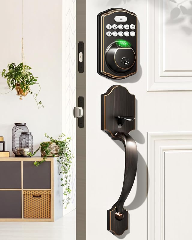 Veise KS02D Cerradura de puerta delantera con huella digital y manija, bronce aceitado | Cerrojo con teclado electrónico de entrada sin llave, bloqueo automático, contraseña anti-pío, código de un solo uso, resistencia al agua IP54, alarma de batería baja