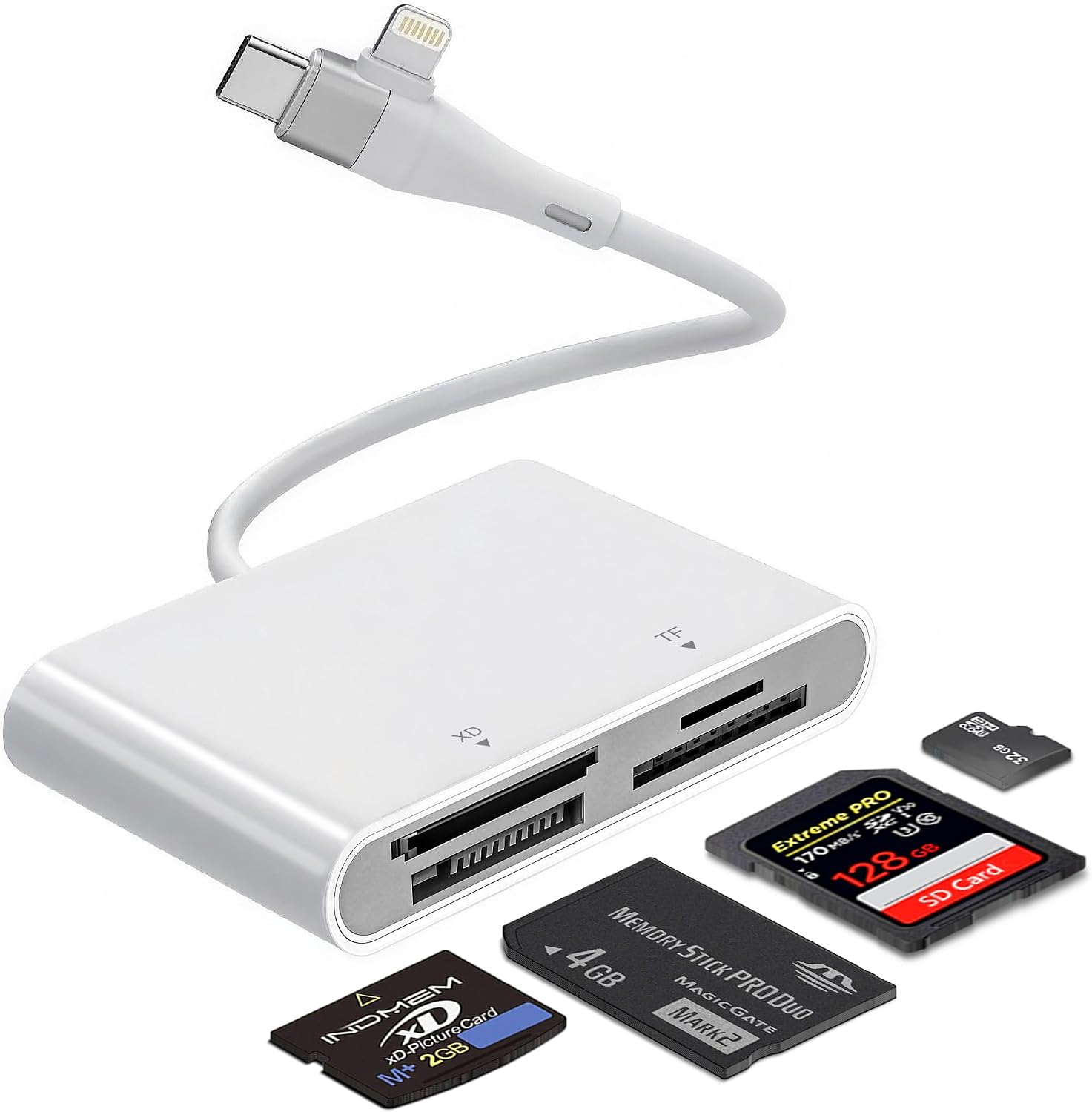 Memory Stick Pro Duo Adapter for Lightning/USB-C - 4-in-1 Multi Memory Card Reader for SD/Micro SD/MS/xD-Picture Cards, Sony Memory Stick Pro Duo Reader OTG Adapter, Plug & Play for iPhone/Android/PC