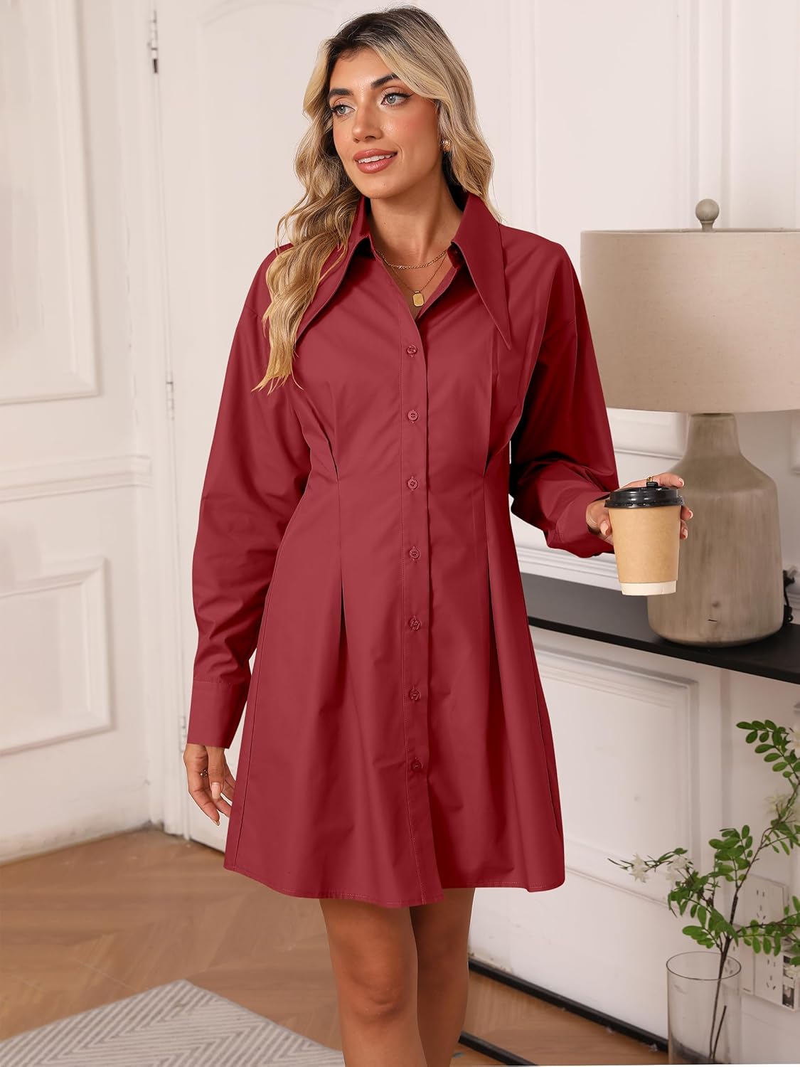 Womens Button Down Shirt Dresses Cotton Button Up Tunics Long Sleeve Solid High Low Blouse Waist Up Dress - Image 7