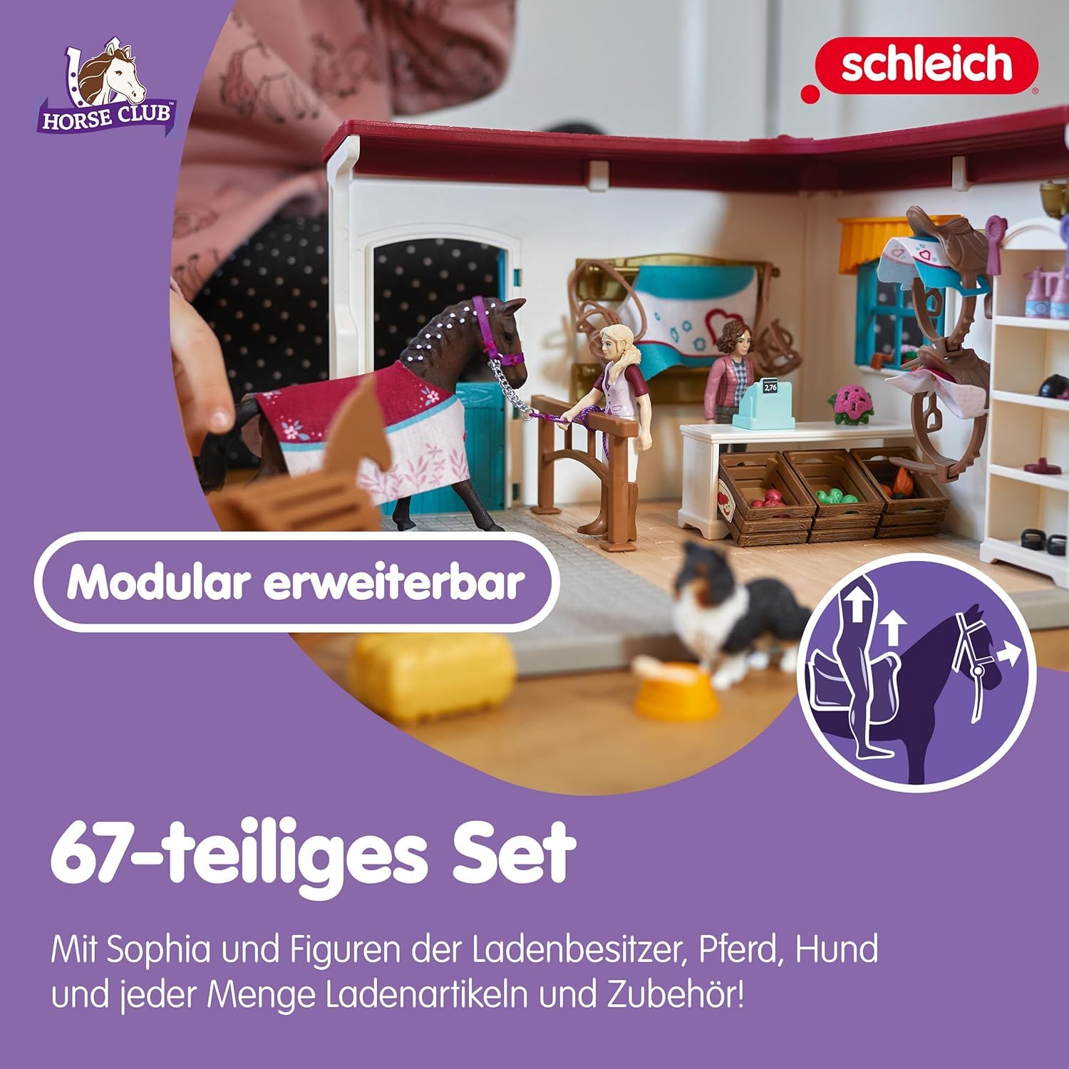 Schleich Horse Club | Reitshop zum modularen Reiterhof 42568 | 67 Teile | Set inkl. Haus, Hund, 2 bewegliche Figuren & Zubehör | Geschenk für Mädchen und Jungen | Pferde Spielzeug ab 5 Jahren