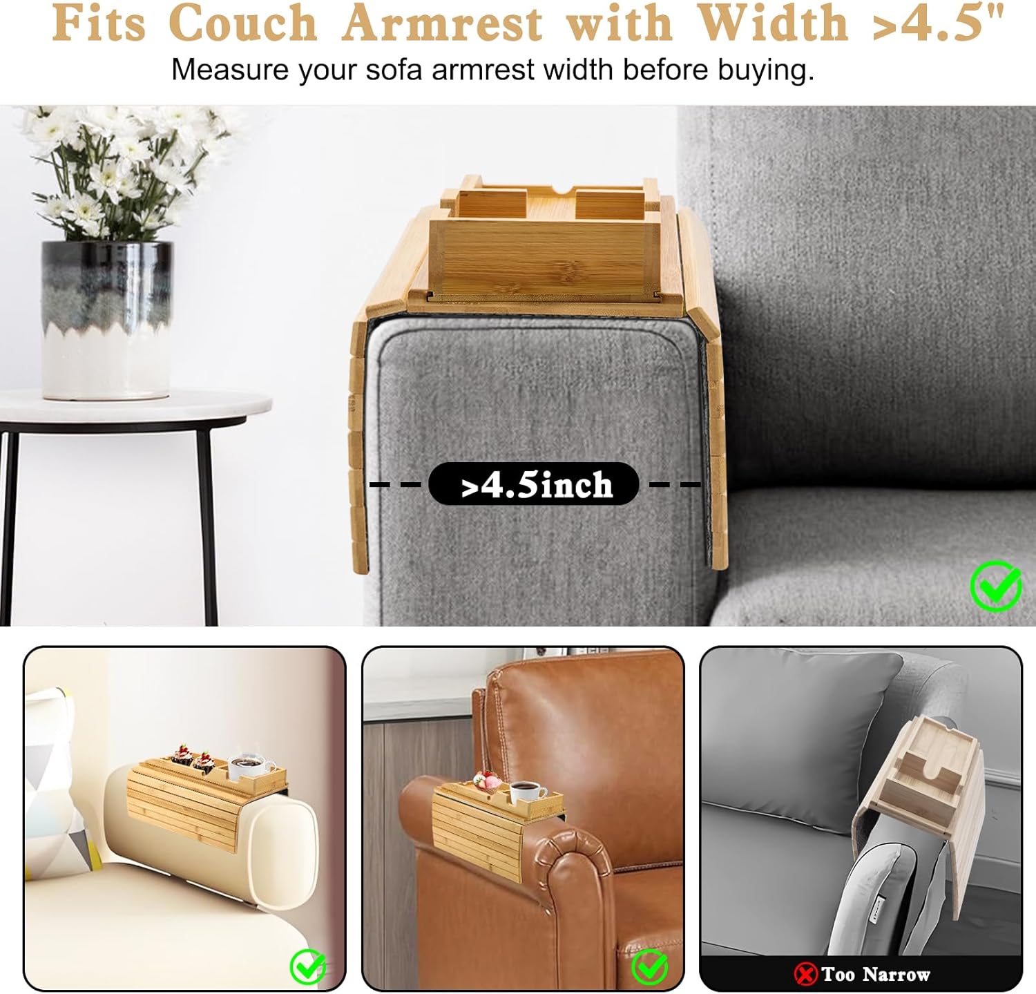 Bamboo Couch Arm Tray with Detachable Cup Holder - 2 in 1 Design, Foldable Anti-Falling Sofa Armrest Tray for Cups, Snacks, Remote - Image 4