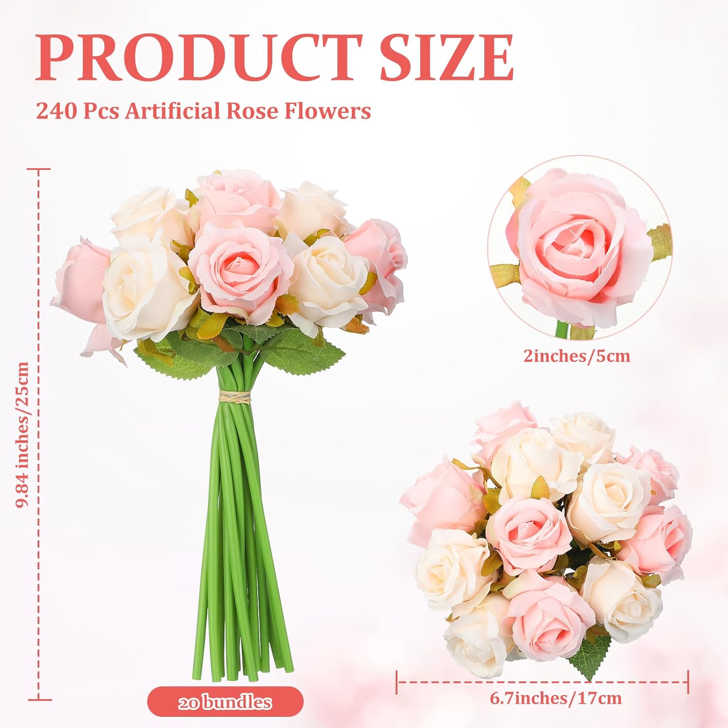 Jexine 240 Pcs Artificial Rose Flowers Bouquet Silk Realistic Flowers Bulk Centerpieces DIY Bride Fake Rose for Home Bridal Wedding Party Decorations(Pink and White) - Image 3