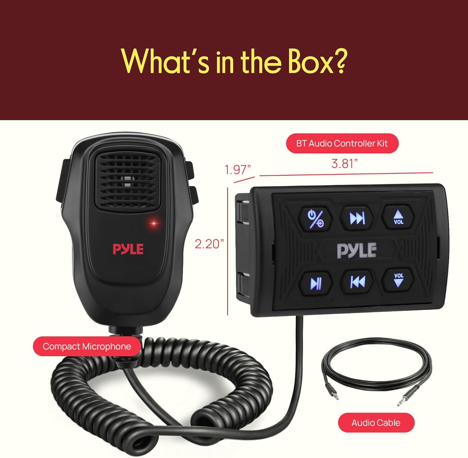 Pyle Wireless BT Audio Controller Kit, Marine Bluetooth Receiver & Adapter with Remote Control, Compact Microphone for Onboard Audio Entertainment, AUX/USB Input, Water-Resistant, 3.81”x2.20”x1.97”