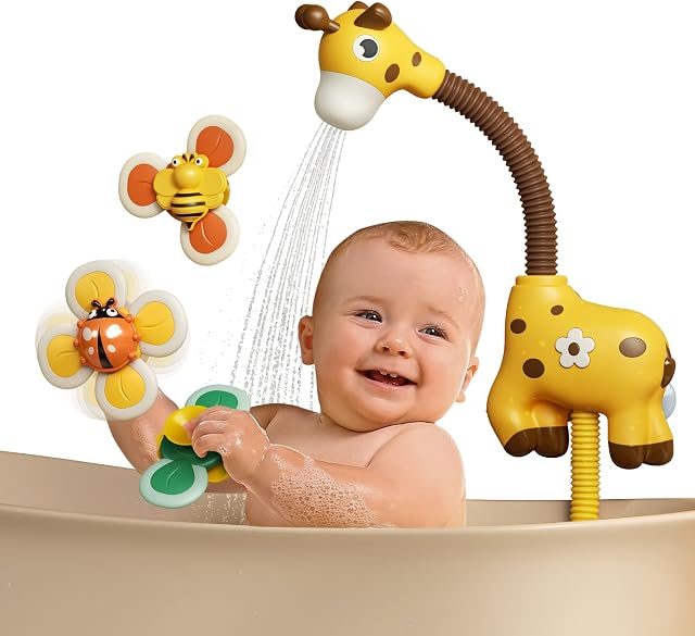 TUMAMA Baby Bath Toys Set, Shower Head with 3 pack Suction Cup Spinning Top Toys Toddlers Kids 3 4 5 Years Older Children, Water Toys Bathly Toy for Babies 6+ Months Gift Toy Set
