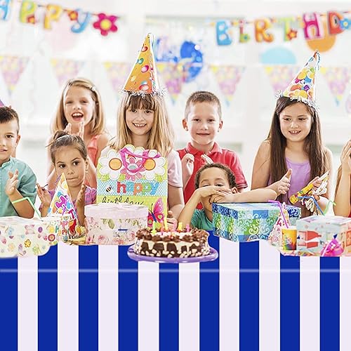 Miniatura 7 de Kesfey Paquete de 3 manteles horizontales a rayas azules y blancas de 54 x 108 pulgadas, manteles de plástico náuticos azules, desechables,