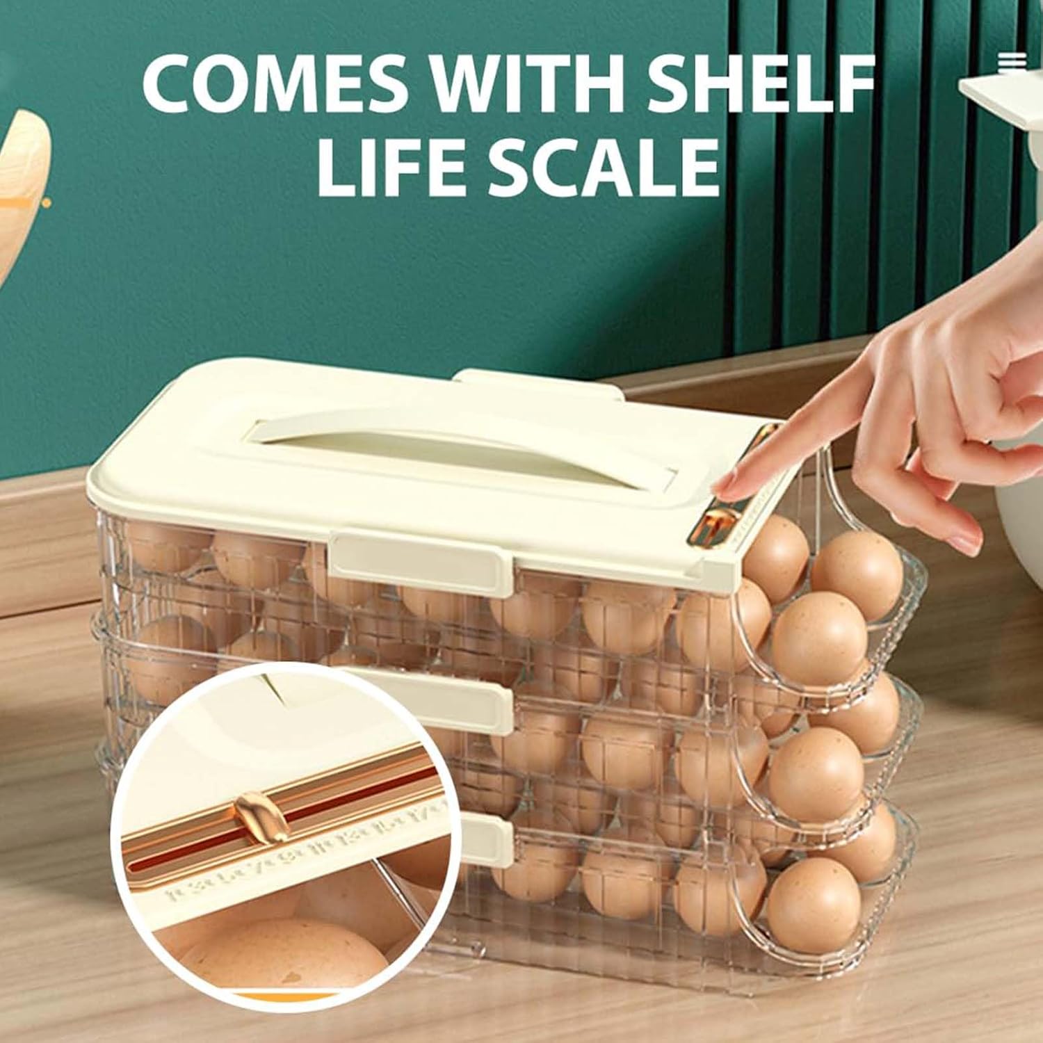 Egg Holder for Fridge, 2024 New Automatic Rolling Egg Organizer, Kitchen Rolling Egg Container for Refrigerator with Lid, Stackable Egg Dispenser Egg Tray Egg Drawer and Rack (Green, 2 Rows 3 Tiers)