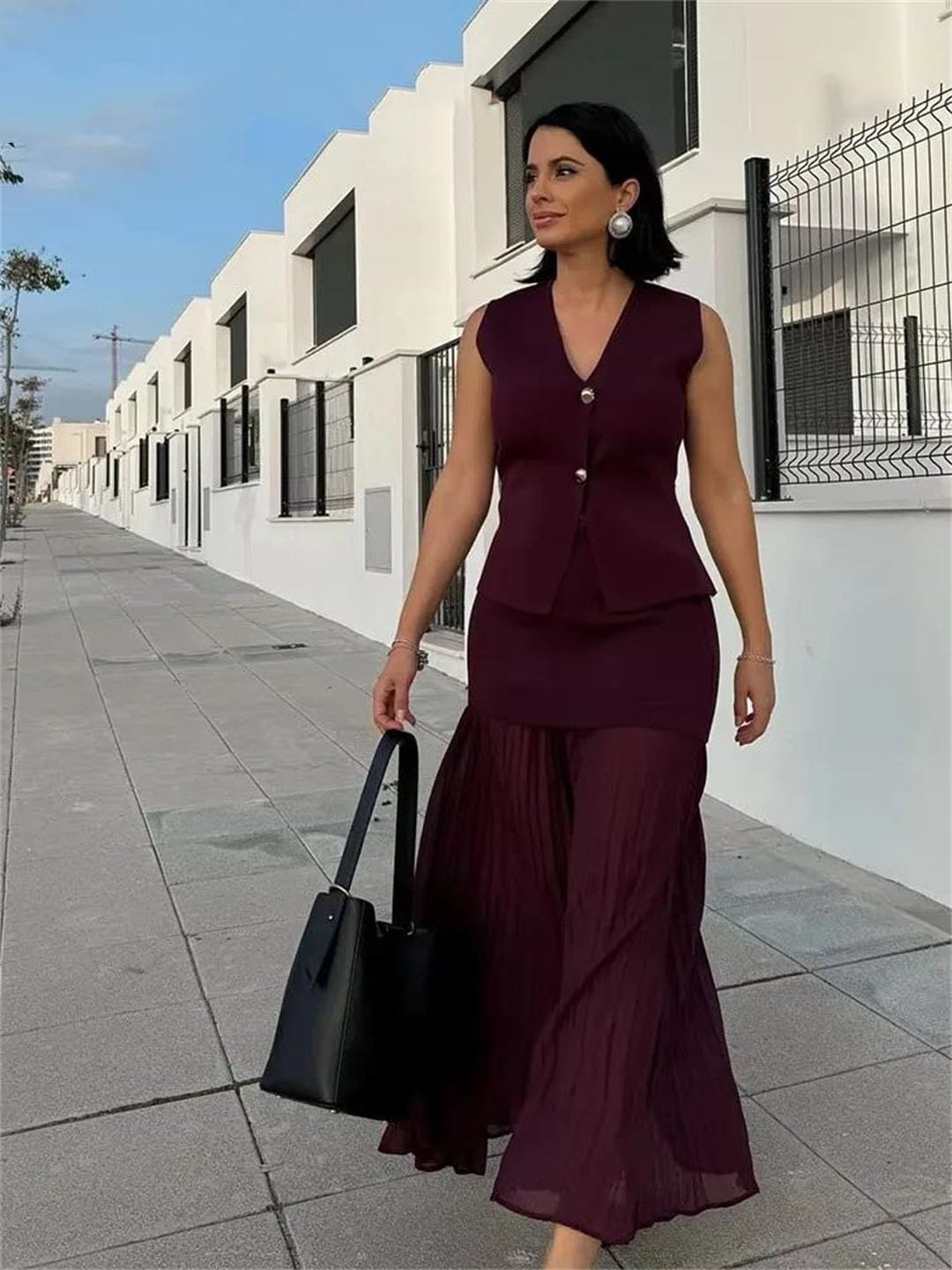 Women Skirt Suit V-Neck Sleeveless Button Knitted Vest Top Midi Skirt Two-Piece Set