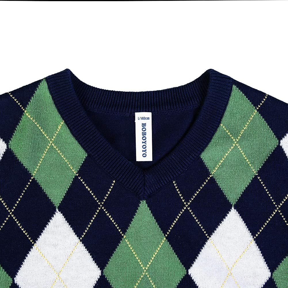 BOBOYOYO Boys Argyle Sweater 100% Cotton Cable Knit Boys Uniform Sweater V-Neck Christmas Kids Pullover for Children 5-14 Y - Image 3