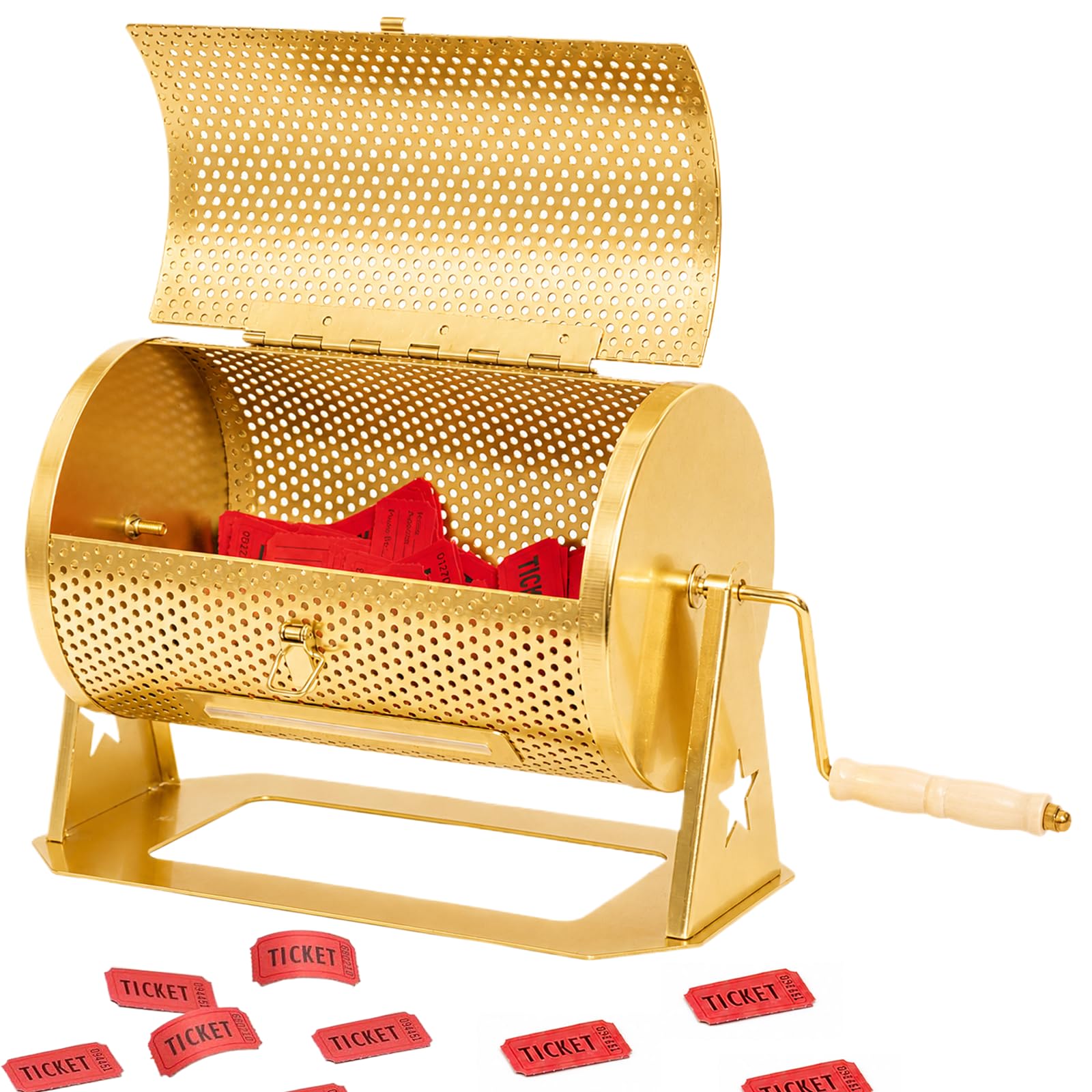 AMOEJOV Raffle Drum 15"*6" Holds 2500 Tickets, Metal Professional Raffle Ticket Spinning Cage with Sealing Tape, Silent Design Wooden Turning Handle. for Games,Company Parties,Casinos