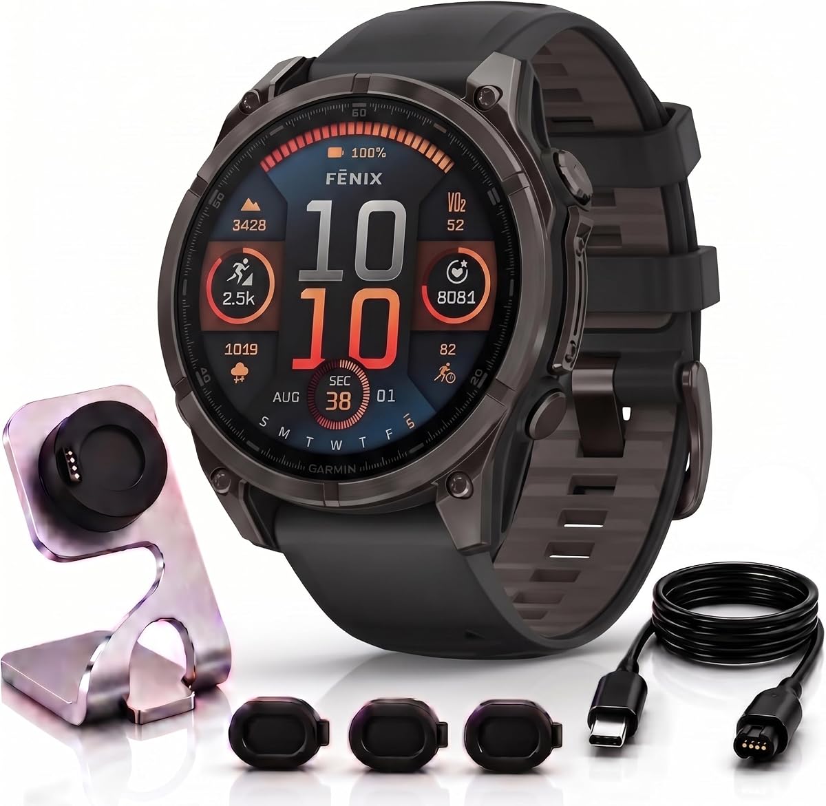 Fenix 8 47mm AMOLED Sapphire Multisport GPS Smartwatch, Carbon Gray Titanium with Black Silicone Band, 010-02904-20 - Bundle w/Deco Essentials Charging Dock, Dust Cover and USB-C Cable