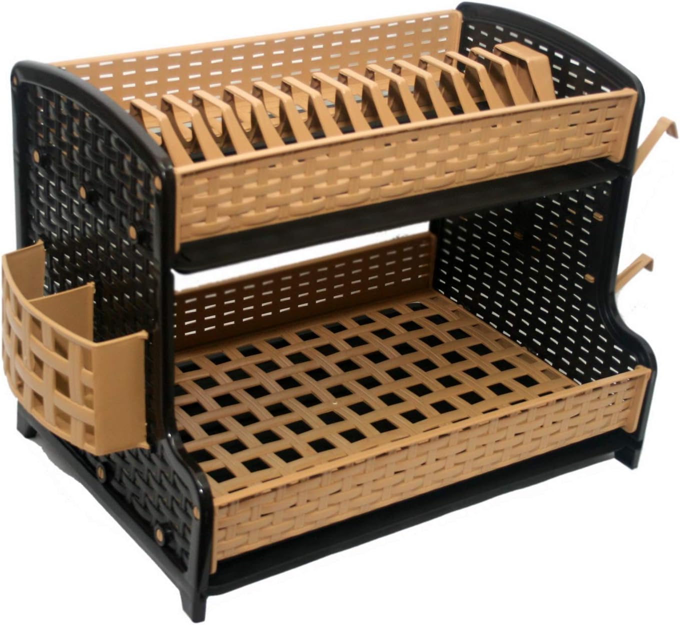 New Chocolate/Light Brown Shelfs Double Drip Tray 2 Layer Plastic Dish Drainer Rack Utensil Cutlery Draining