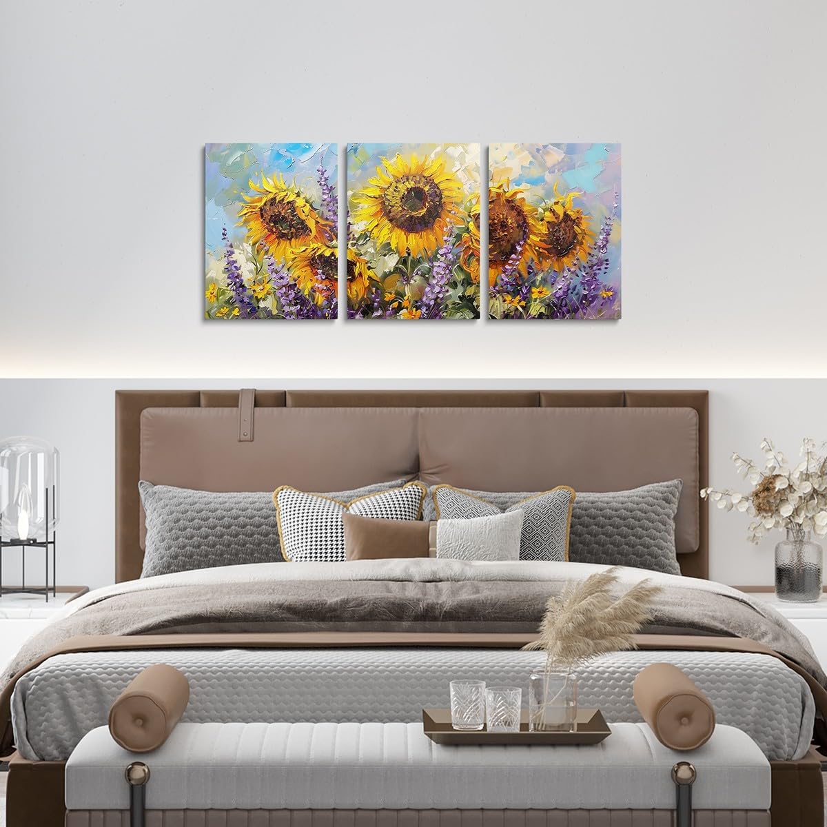 Sunflowers Canvas Wall Artwork Decor,Purple Lavender Florals Plants Botanical Wall Painting for Girls Women,Rustic Farmhouse Cabin Poster Pictures,Yellow Bright 3 Pieces Framed Canvas Wall Art