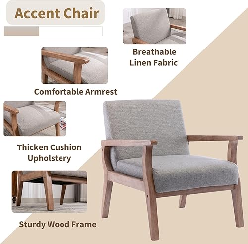 Miniatura 10 de HNY Sillón de mediados de siglo con marcos de madera, sillón tapizado de lino, para sala de estar, dormitorio, marfil Marco de madera dura natural