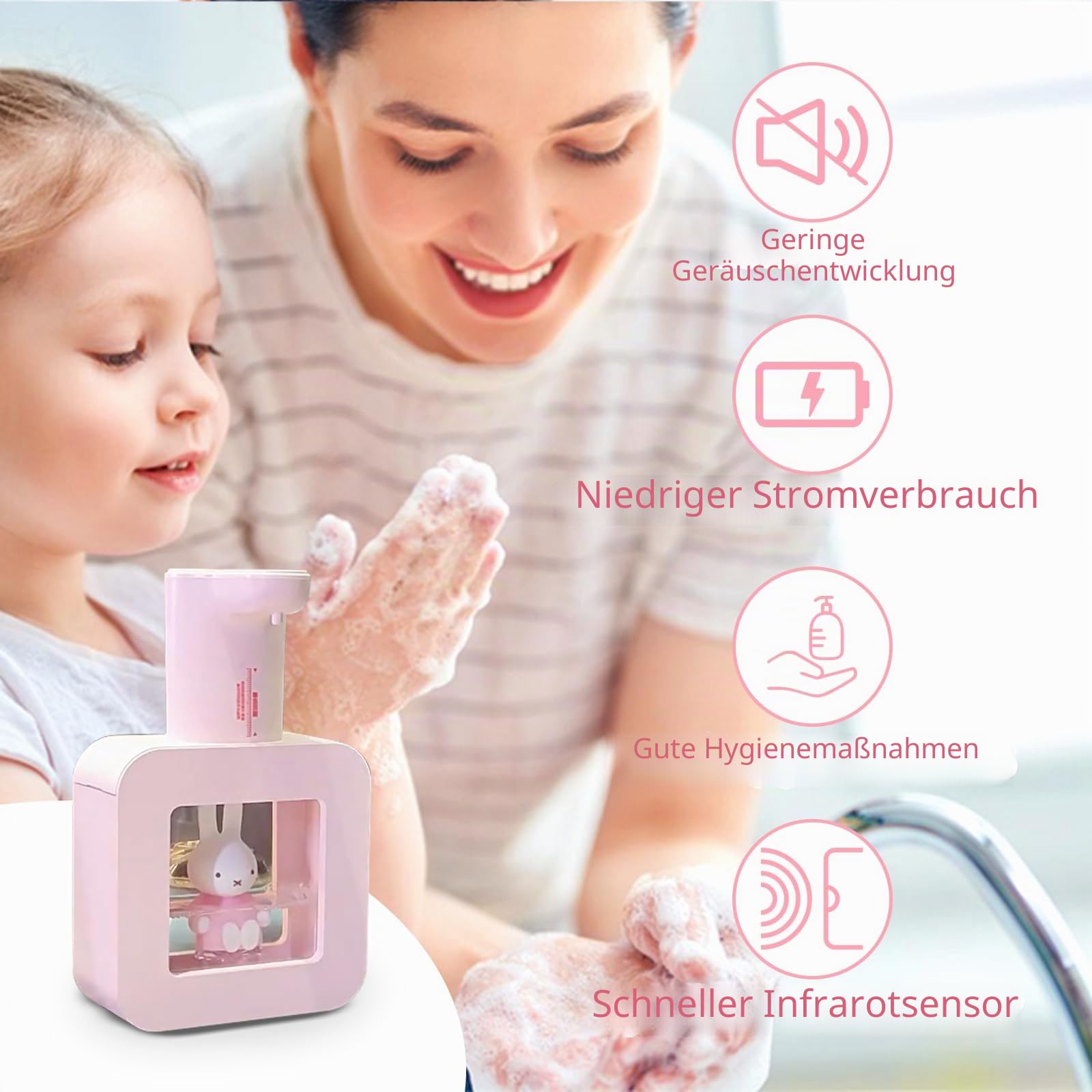 Mipow x Miffy Automatischer Seifenspender, berührungslos, 3 einstellbare Schaumstufen, intelligenter Sensor, Handseifenspender für Badezimmer, Küche, Heimbüro, Rosa - Ostern Geschenke