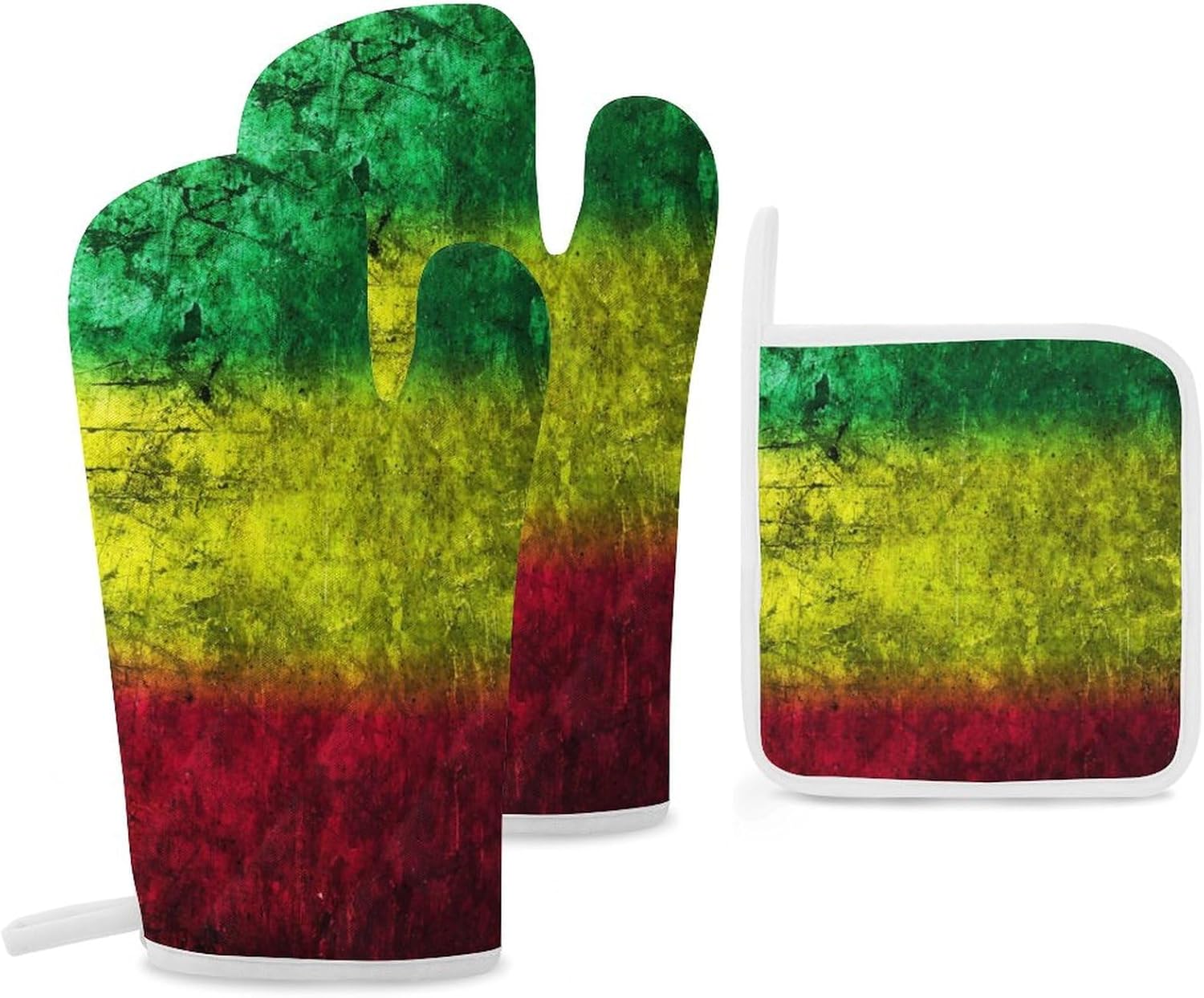 Red Yellow Green Rasta Flag Print Oven Mitts and Pot Holders 3 Piece Sets Heat Resistant Gloves Hot Pads Potholders for Kitchen Baking Cooking