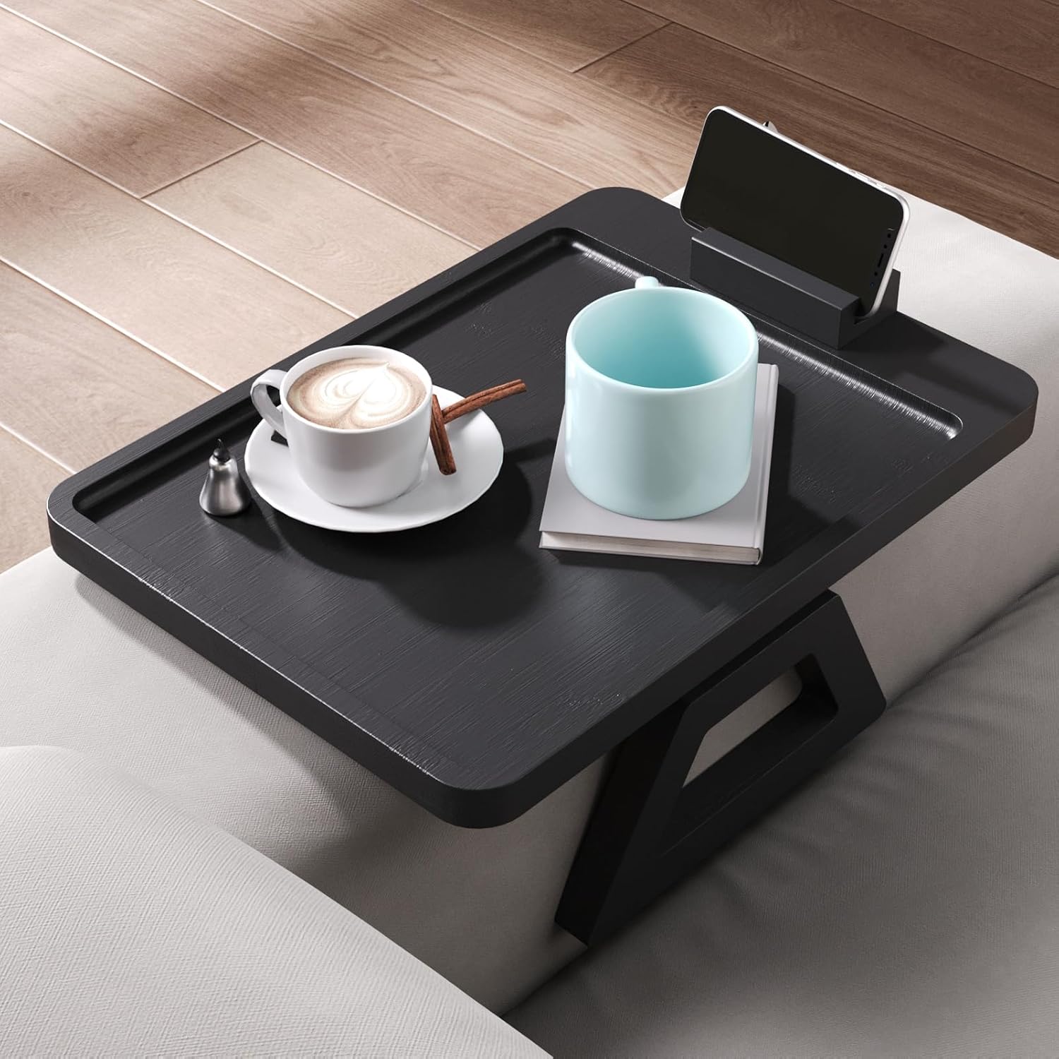 Couch Arm Tray with 360°Phone,Bamboo Folding Sofa Tray,Sofa Armrest Trays Clip-On Couch Desk for Drinks,Snacks,Phone,Remote Control（Black）